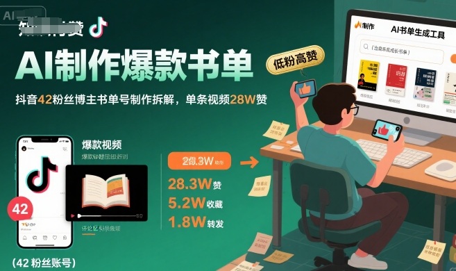 AI制作爆款书单，抖音42粉丝博主书单号制作拆解，单条视频28W赞-柚子网创