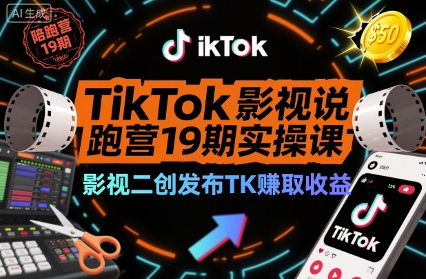 TikTok影视解说陪跑营19期实操课，影视二创发布TK賺取收益，万播收益50美金-柚子网创
