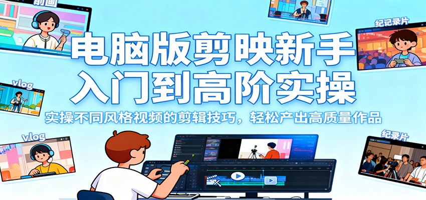 电脑版剪映新手入门到高阶实操，实操不同风格视频的剪辑技巧，轻松产出高质量作品-柚子网创