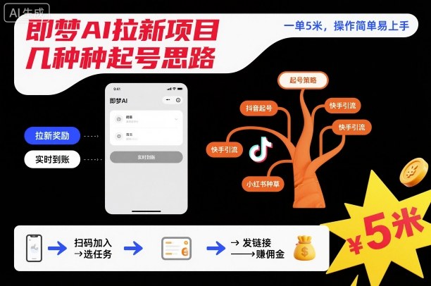 即梦AI拉新项目几种起号思路，一单5米，操作简单易上手-柚子网创