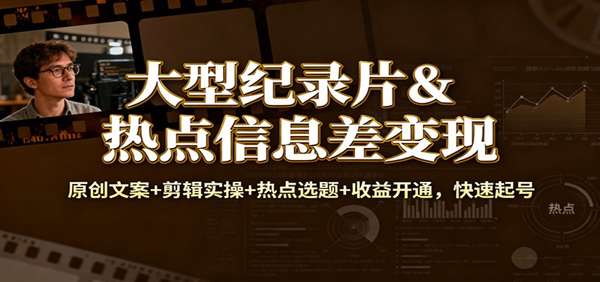 大型纪录片&热点信息差变现：原创文案+剪辑实操+热点选题+收益开通，快速起号-柚子网创