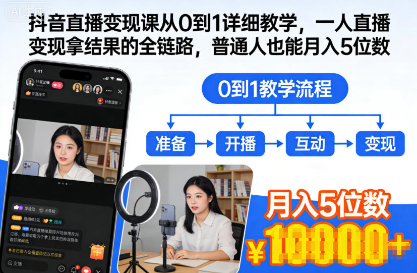 抖音直播变现课从0到1详细教学，一人直播变现拿结果的全链路，普通人也能月入5位数-柚子网创