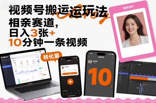 视频号搬运玩法，相亲赛道，日入3张+，10分钟一条视频-柚子网创