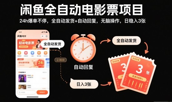 闲鱼全自动电影票项目，24h爆单不停，全自动发货+自动回复，无脑操作，日稳入3张【揭秘】-柚子网创