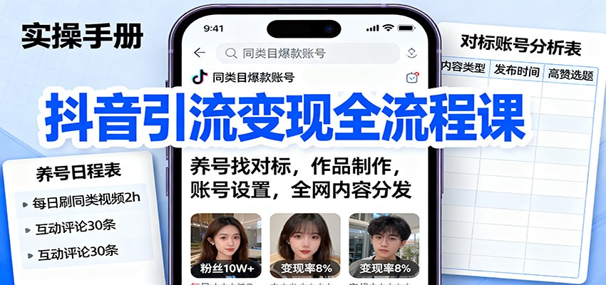 抖音引流变现全流程课：养号找对标，作品制作，账号设置，全网内容分发-柚子网创