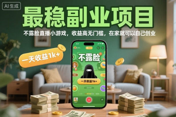 最稳副业项目，不露脸直播小游戏，收益高无门槛，一天收益1k+，在家就可以自己创业【揭秘】-柚子网创