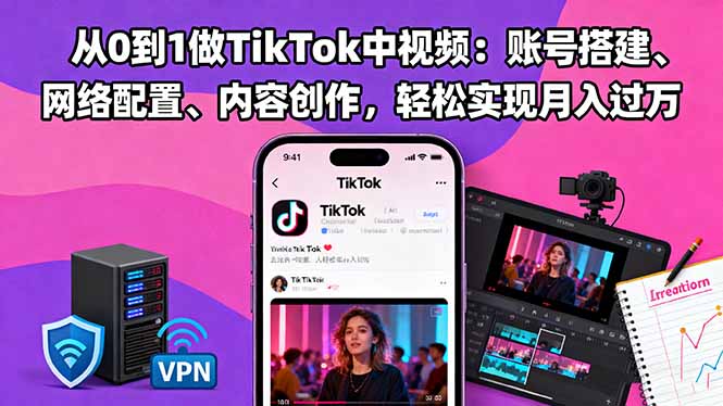 从0到1做TikTok中视频：账号搭建、网络配置、内容创作，轻松实现月入过万-柚子网创