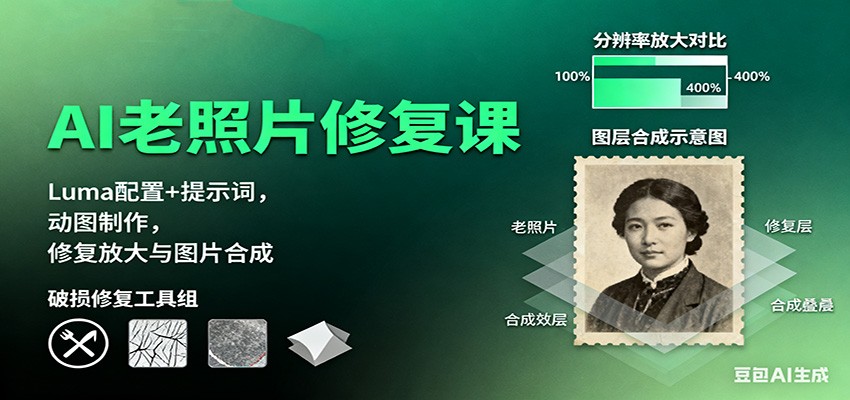 AI老照片修复课：Luma配置+提示词，动图制作，修复放大与图片合成-柚子网创