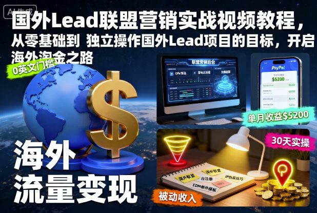 国外Lead联盟营销实战视频教程，从零基础到独立操作国外Lead项目的目标，开启海外淘金之路-柚子网创