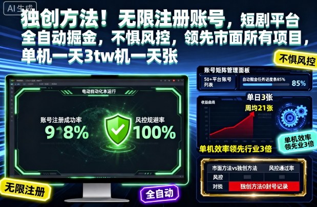 独创方法！无限注册账号，短剧平台全自动掘金，不惧风控，领先市面所有项目，单机一天3张【揭秘】-柚子网创